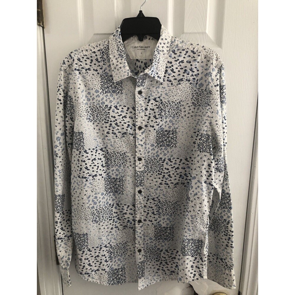 Calvin‎ Klein Jeans Dress Shirt Long Sleeve Mens Size Medium Blue White Floral